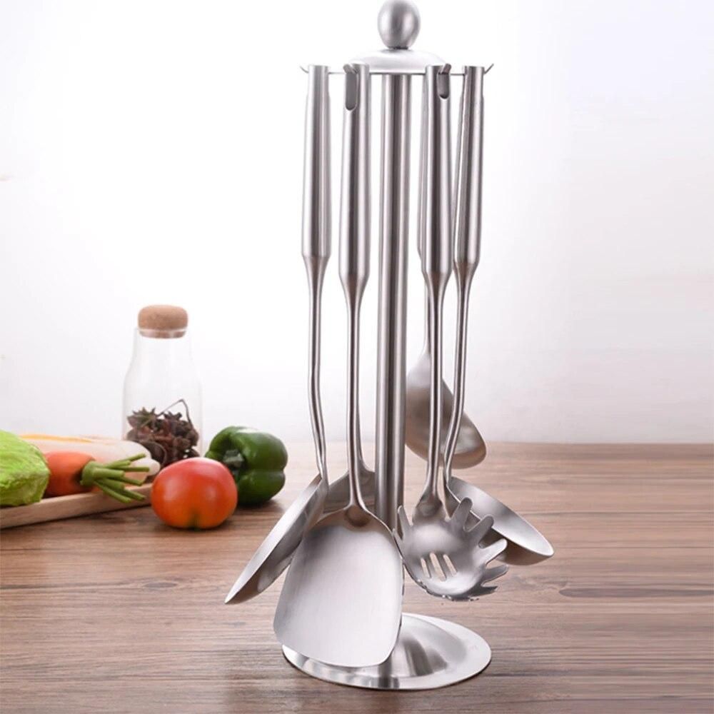 Kitchen Scoop Spoon Storage Rack Stainless Steel Rotating Durable Cooking Utensil Stand Spatula Hook Table Organizers Dropship