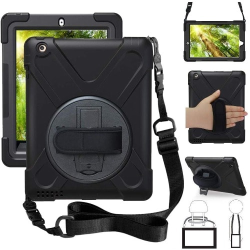 Kickstand Hand Strap & Shoulder Belt For iPad 9.7 Inch 2/3/4 Generation -Black