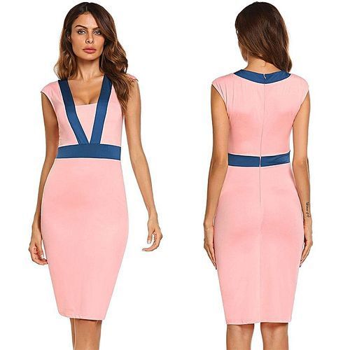 Women Square Collar Sleeveless Contrast Color Patchwork Bodycon Pencil Short Dress-Pink