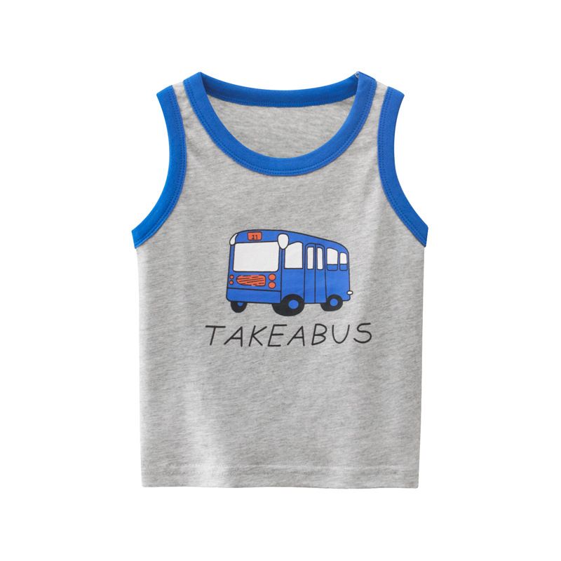 100% Cotton Kid Car Print Sleeveless Tank Tops-Grey