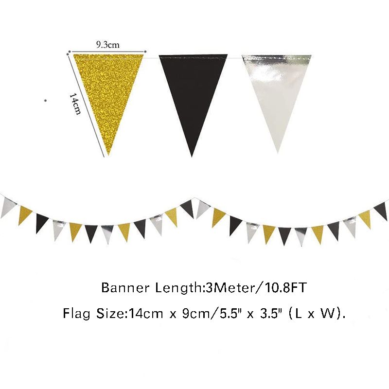 3M Navy Blue Beige Gold Wedding Hanging Paper Triangle Flag Banner-Black Silver