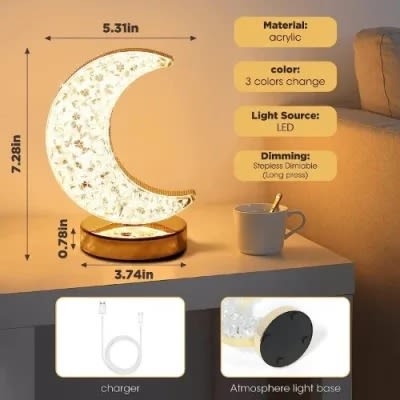 USB Rechargeable Acrylic - 3 Way Touch Sensor Bedside Moon Desk Lamp