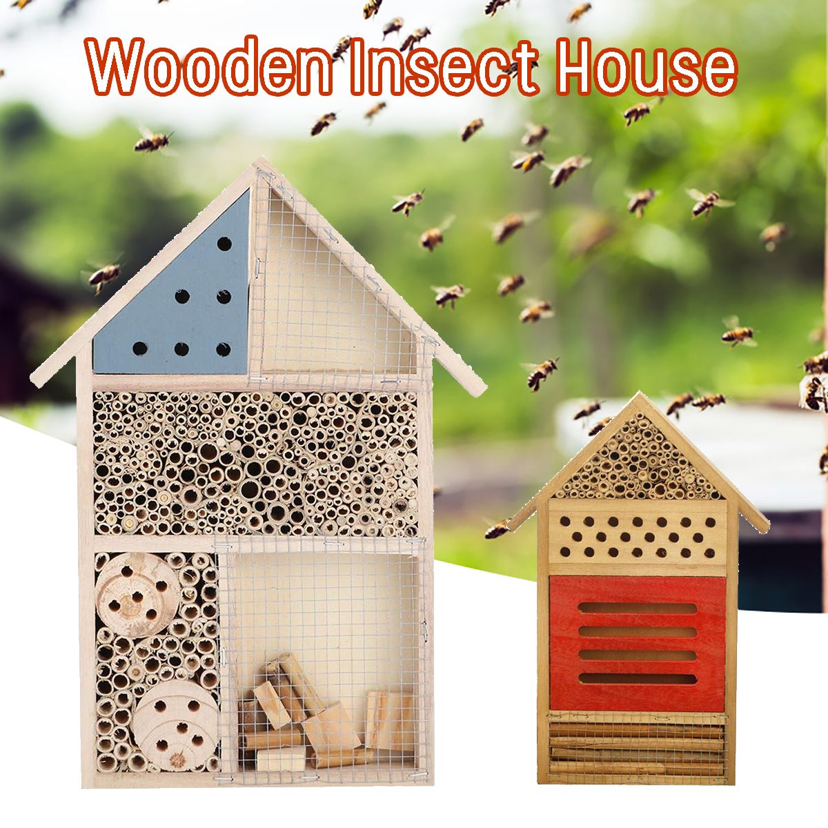 2 Types Wooden Insect Bee House Wooden Bug Room Hotel Shelter Garden Outdoor Nest Box Decorations Type-B