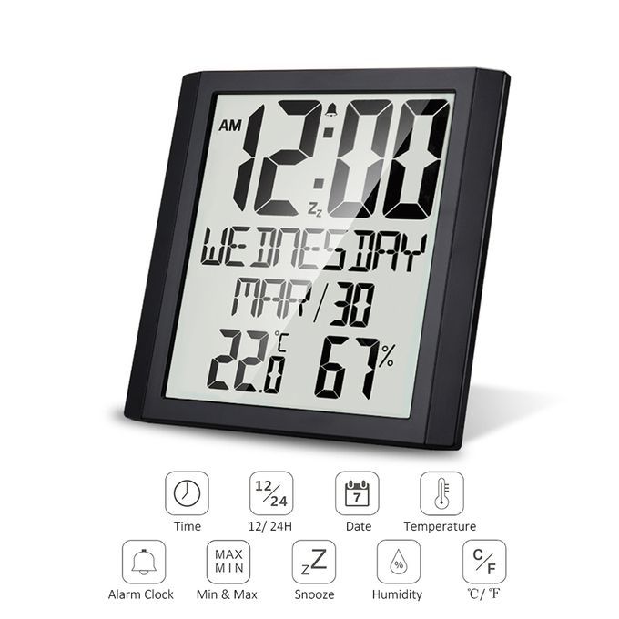 Digital Wall Clock With Temperature & Humidity 8.6'' Large