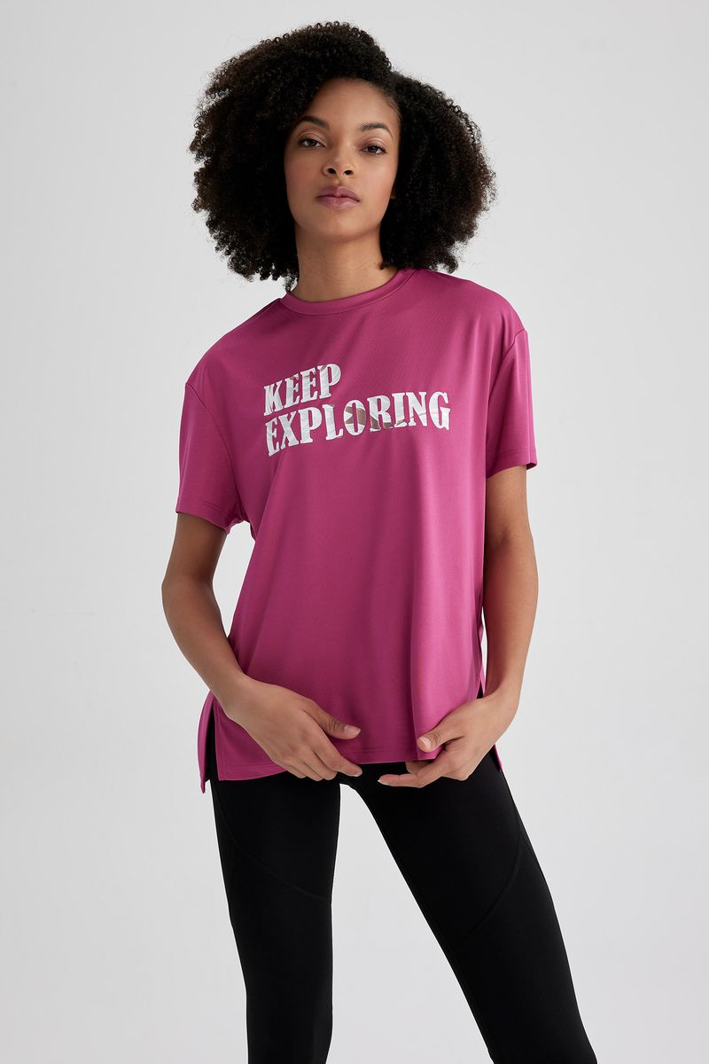 Woman Loose Fit Crew Neck Knitted Short Sleeve T-Shirt - Pink