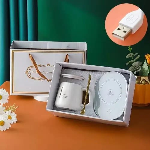 Insulated Ceramic Coffee Mug With Heating Pad, Cover And Spoon - White