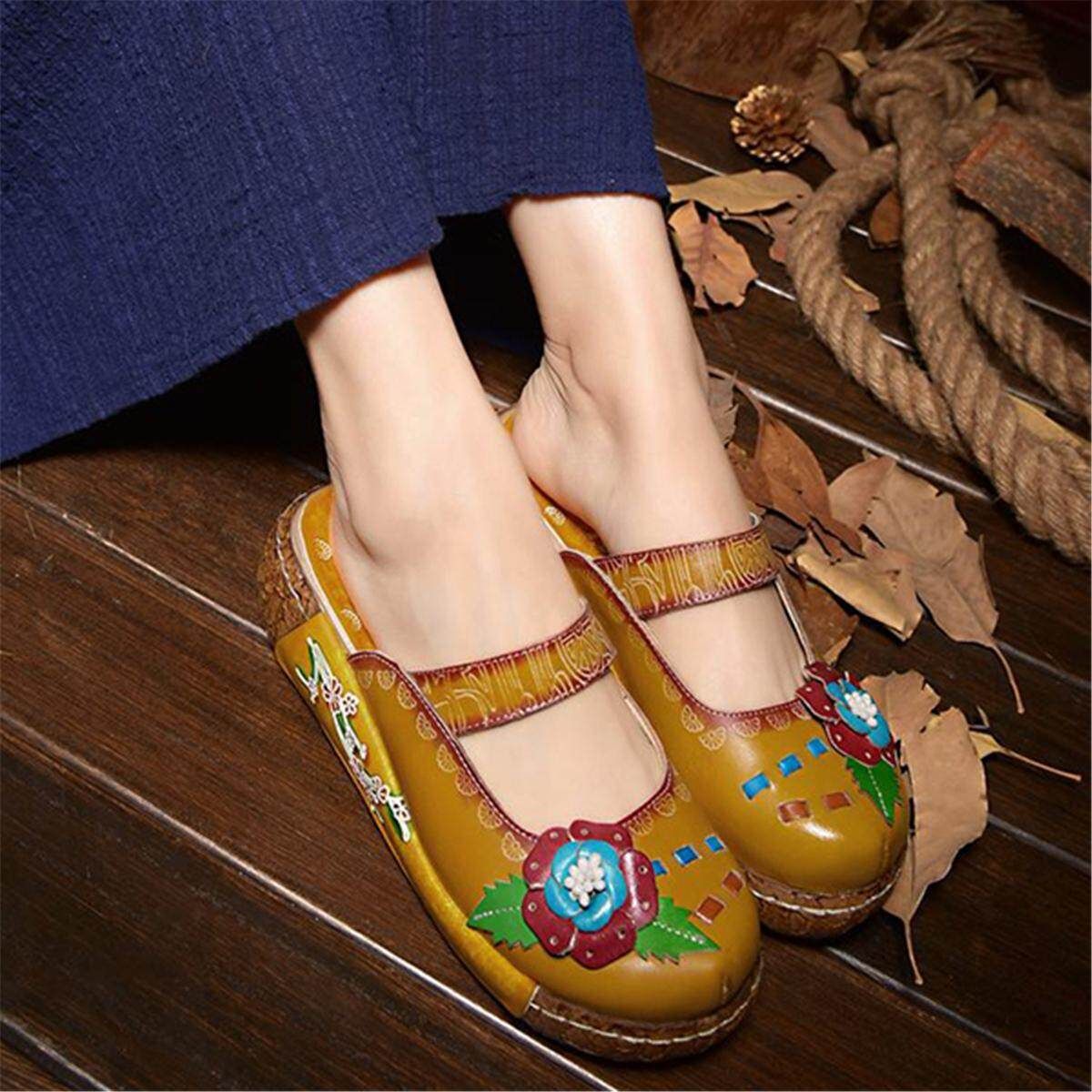 Summer New Leather Cowhide Thick Bottom Flat Sandals Candy Ladies Home Slippers Yellow 36