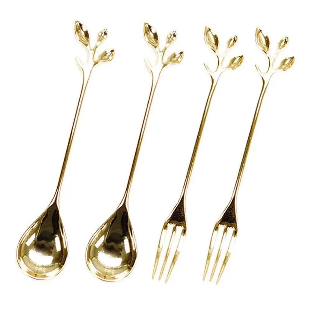 Hot Sale Tableware Gold Leaf Coffee Spoon Fork,4 Pack(2 Spoons 2 Forks) Little Demitasse Espresso Spoon and Appetizer Dessert