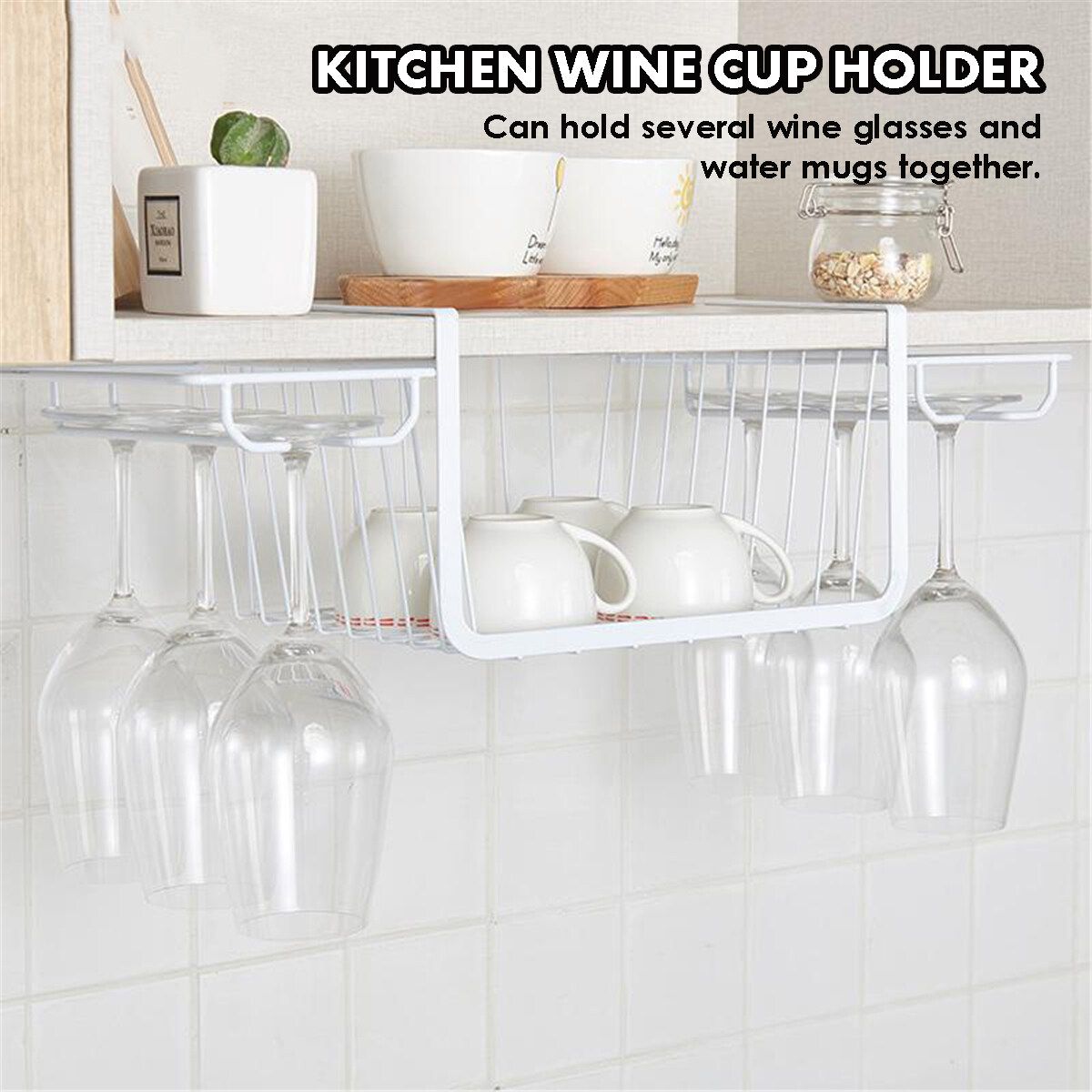 Hanging Glass Cup Holder Rack Goblet Stemware Home Bar Mug Storage Shelf