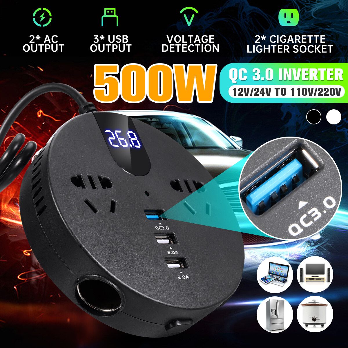 500W Car Inverter Voltage Convertor Transformer 12V/24V To AC 110V/220V For Outdoor Camping Solar Inverter