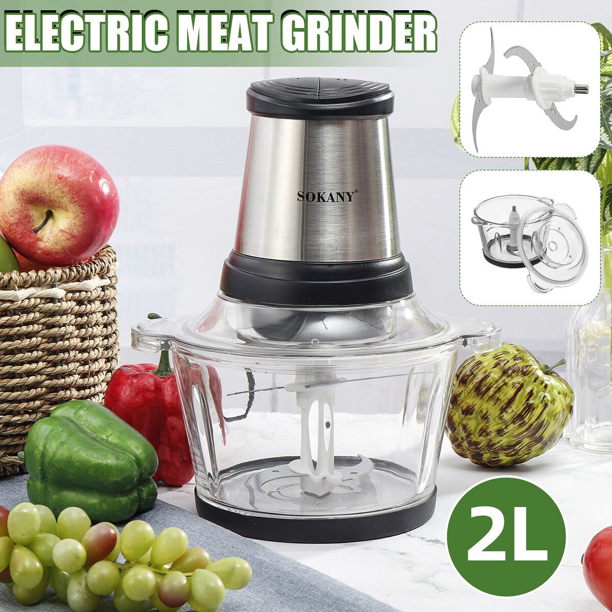 800W Electric Meat Grinder Food Processor Kitchen Food Chopper Blender Slicer 2L