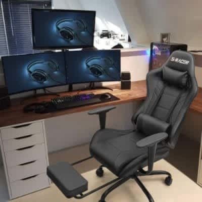 Gaming Leather Office Chair With Footrest - Black
