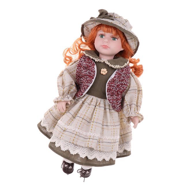 40cm Porcelain Curly Girl Doll People Figures With Beige Dress Home