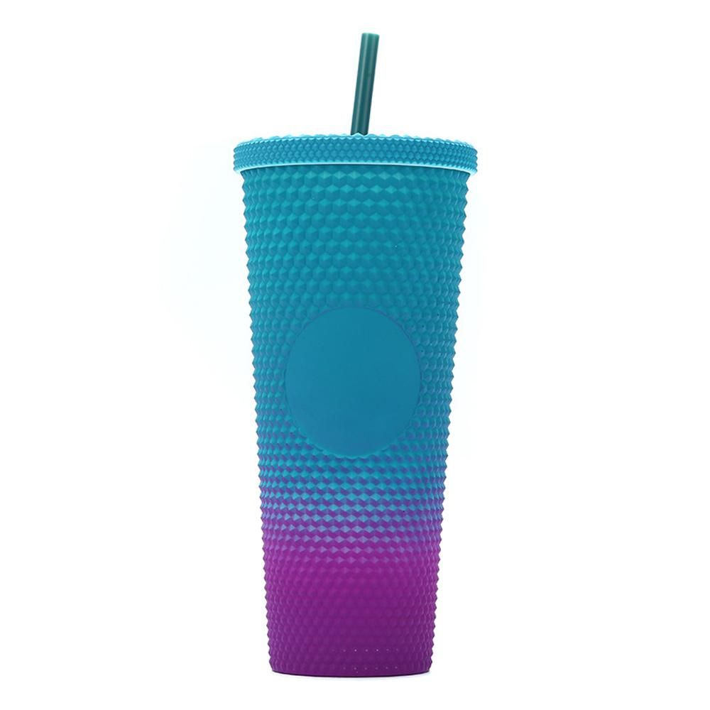 710ML/24OZ Large Capacity Water Cup Fully Studded Matte Tumbler Reusable Plastic Cup with Wide Opening Leak-Proof Lid Straw