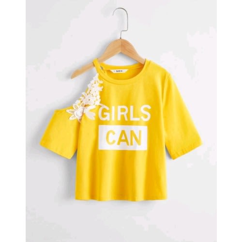 Girls Can Cold Shoulder Appliques Detail Graphic Top- Yellow