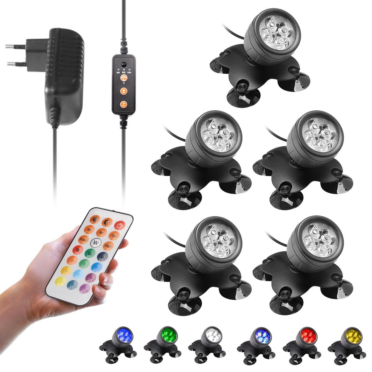 5PCS 4 LEDs RGB Underwater Diving Lamp Light Kit Set with Remote Controller Line Control Rotatable Illumination Angle IP65 Water Resistance Dimmable Brightness Speed Adjustable 2 Diverse Lighting Effects 3 Levels Timer T-ime Setting Timing for Swimming Po