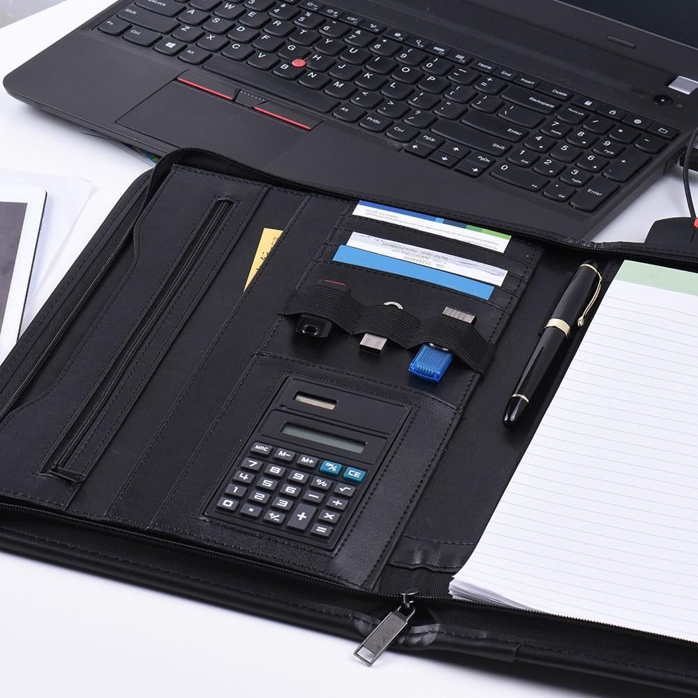 Multifunctional Professional Business Zippered Portfolio Padfolio Folder Document Case Organizer A4 PU Leather with Calculator Business Card Holder Memo Note Pad