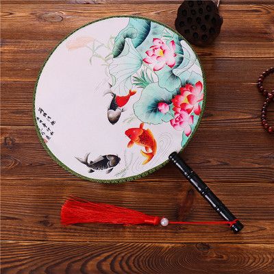 Ladies Dance Double Antique 24cm Handle Round Chinese Circle Fan Fan Hand Large Big Fan Silk Decorative Costume Printed