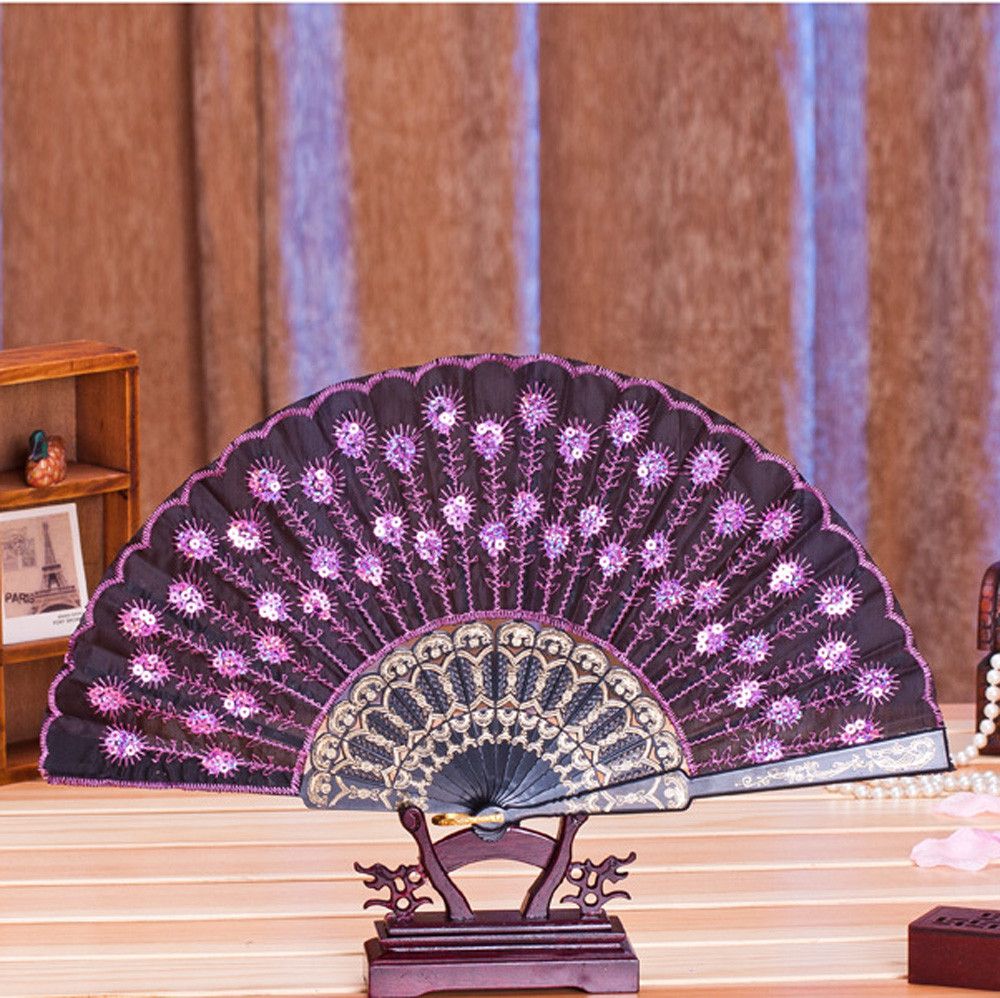 Home Accessory Decor Peacock Hand Bone Carved Crafts Fan Art Embroidery @D Sequins Print Folding Summer Fan Plastic Tail Feather