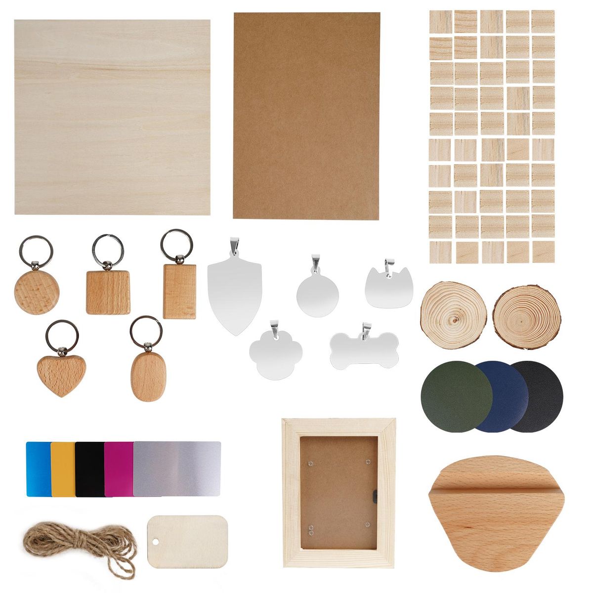 TWO TREES Laser Material Box 11 Kinds DIY Supply Apply to All Laser Engraver Including Alumium Buiness Card /Pet ID Tag / Unfinished Wood Pieces / Wood Keychain /Wooden Blocks /PU Leather Coasters / Kraft Paper /Plywood