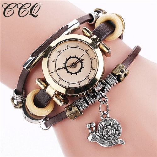 Snail Pendant Women Leather Bracelet Watch - Dark Coffee