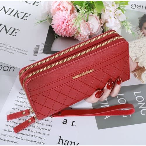 Women's Double Zipper Wallet Purse - Spacious Phone Handbag - Red
