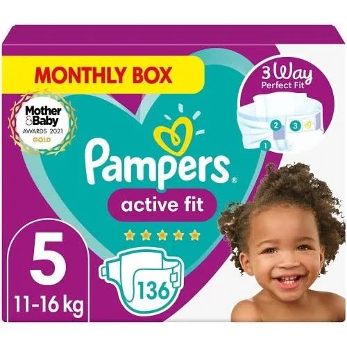 Baby Nappies Size 5 - 11-16 Kg -24-35 Lb  - Active Fit - 136 Count