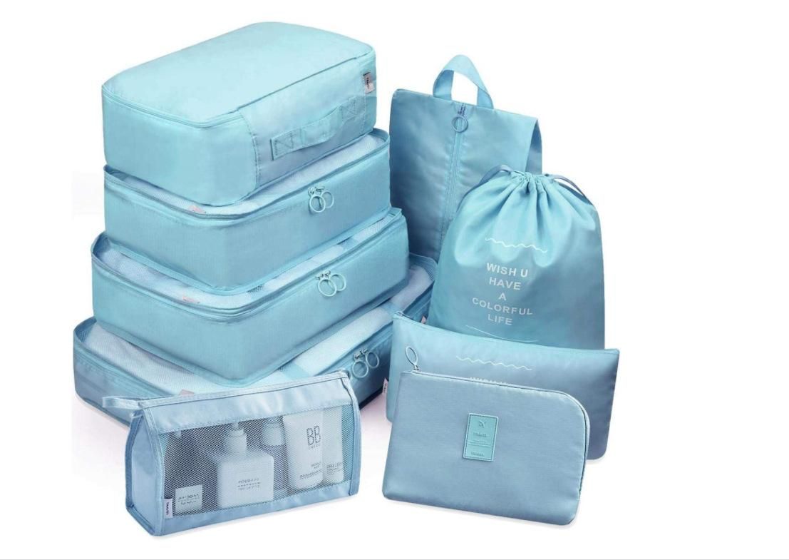 Thickened twill new travel storage bag nine-piece set travel suitcase clothes separate storage bag nine-piece set Hook 9-piece set Korean blue 9 piece set