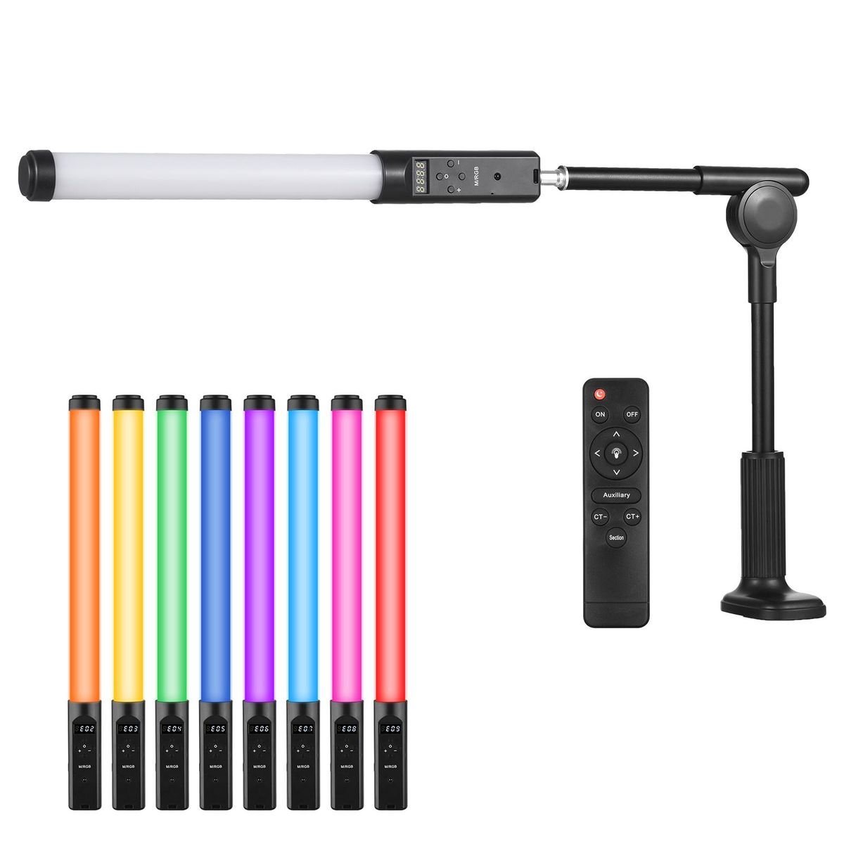 Handheld RGB Tube Light with Desktop Clip-on Light Stand Remote Control LED Video Light Wand 3200K-5500K Dimmable 9 Colorful Lighting Effects Built-in Battery for Vlog Live Streaming Product Portrait Photography