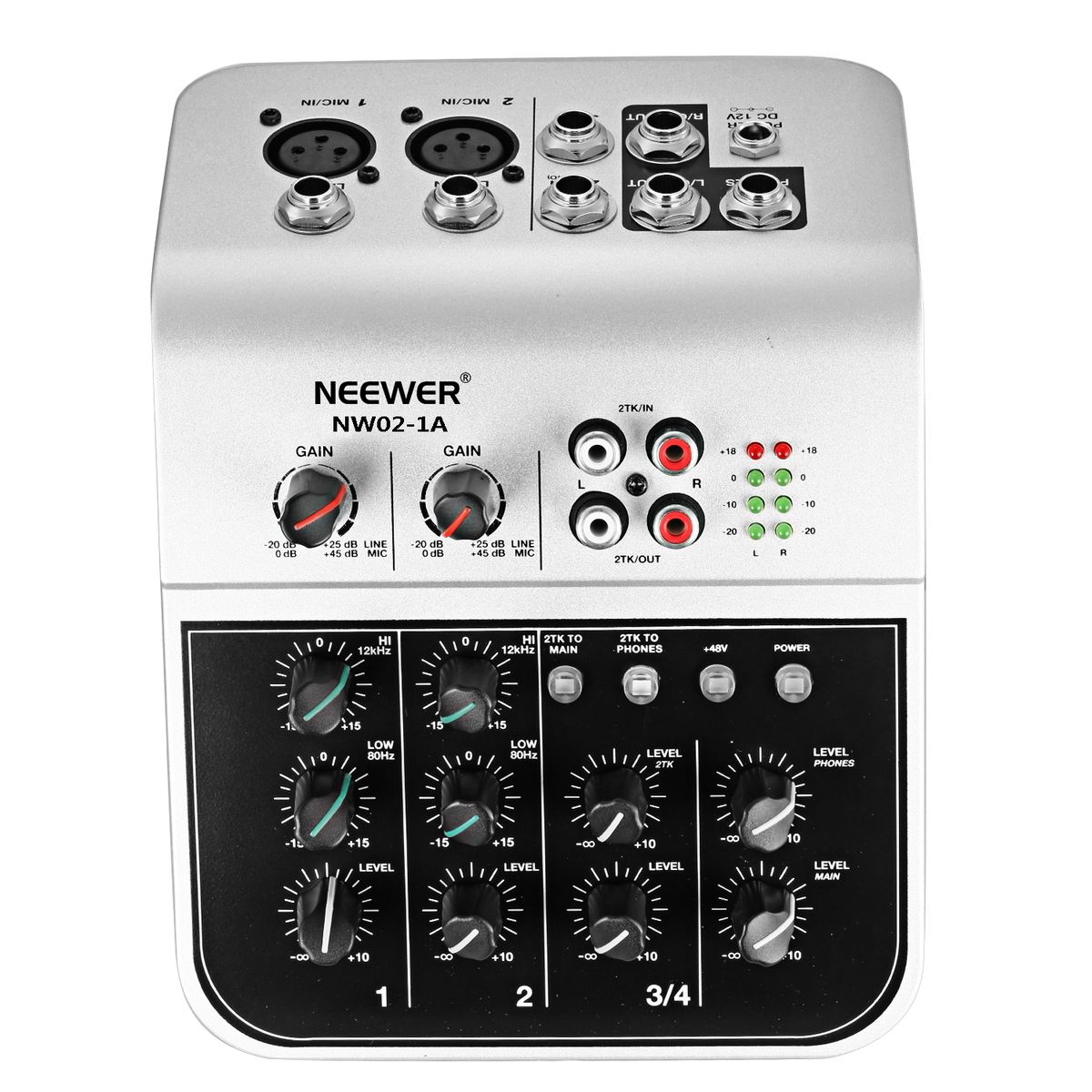Mixing Console Compact Audio Sound 4-Channel Mixer For Condenser Microphone, With 48V Phantom Power 2 Band EQ 2-way Stereo Line Input RCA Input/Output 4 Band LED Level Indicator (NW02-1A)