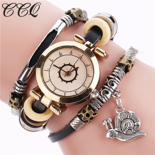 Snail Pendant Women Leather Bracelet Watch - Black