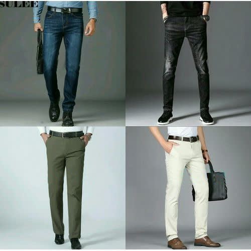 Pack Of Two Stock Jeans And Two Chinos For Men - Dark Blue + Black + Army Green + Off Whit