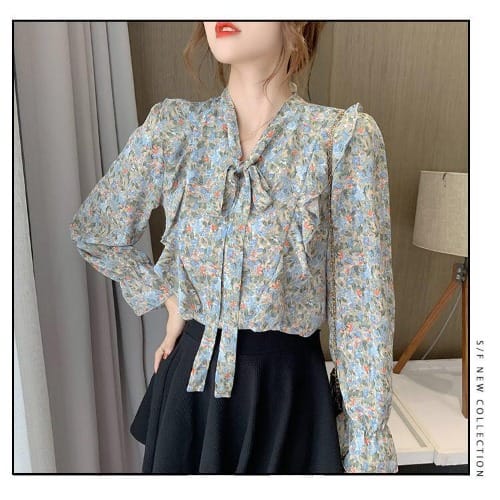 Floral Side Frill Blouse - Blue
