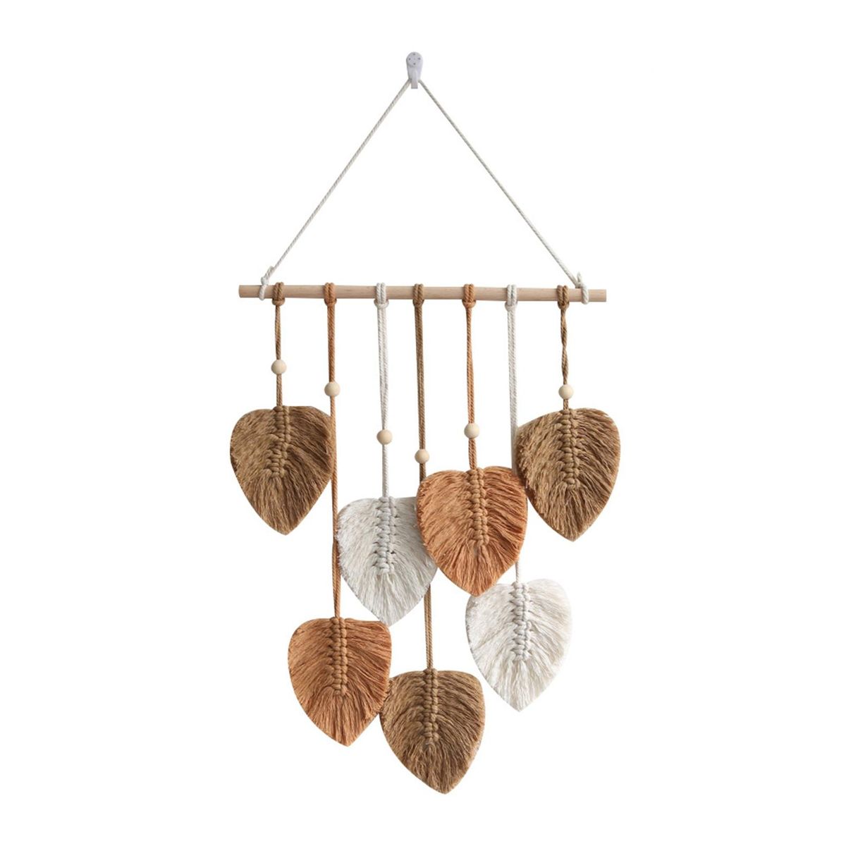 Boho Macrame Leaf Tapestry with Faux Feathers Handmade Wall Decor Khaki