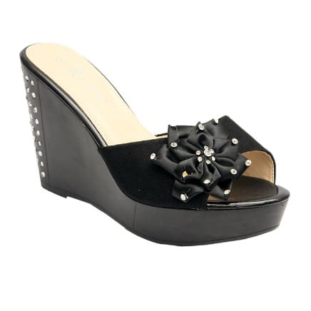 Delta Satin Wedge Slipper With Studded Detail - Black