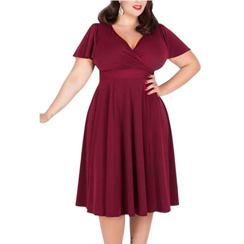 Women's V-neck Skater Midi Dress -Wine
