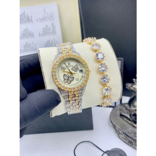 Rhinestone Butterfly Wrist Watch With Bracelet - Silver And Gold