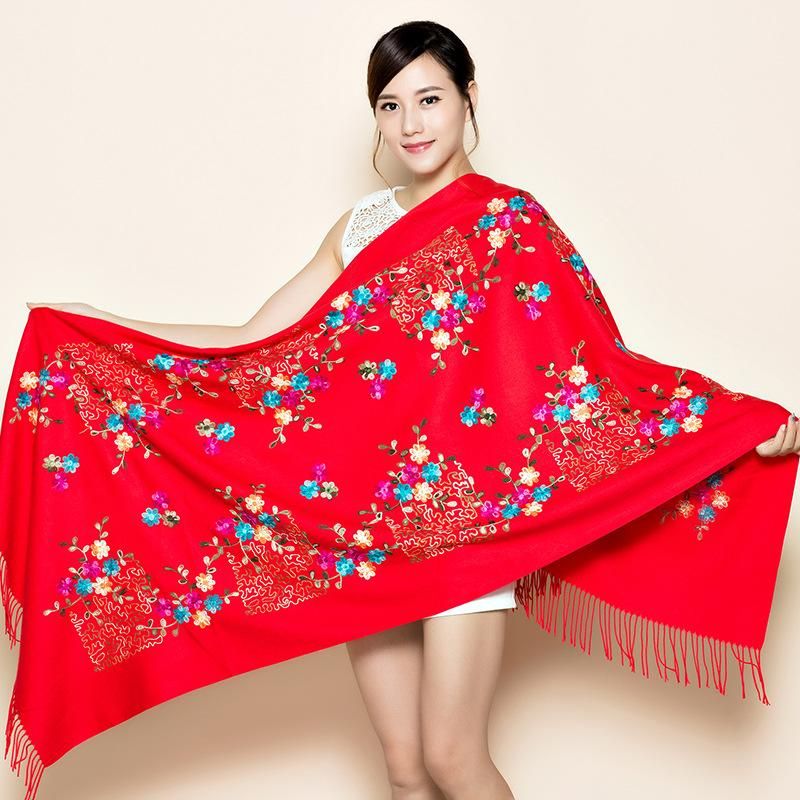 Delicate embroidery flowers winter scarf cashmere pashmina for women scarves fashion tassel long sjaal echarpe foulard femme