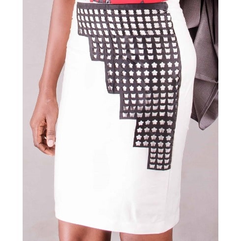 Off White Skirt With Unique Black Laser Cut Faux Leather Design