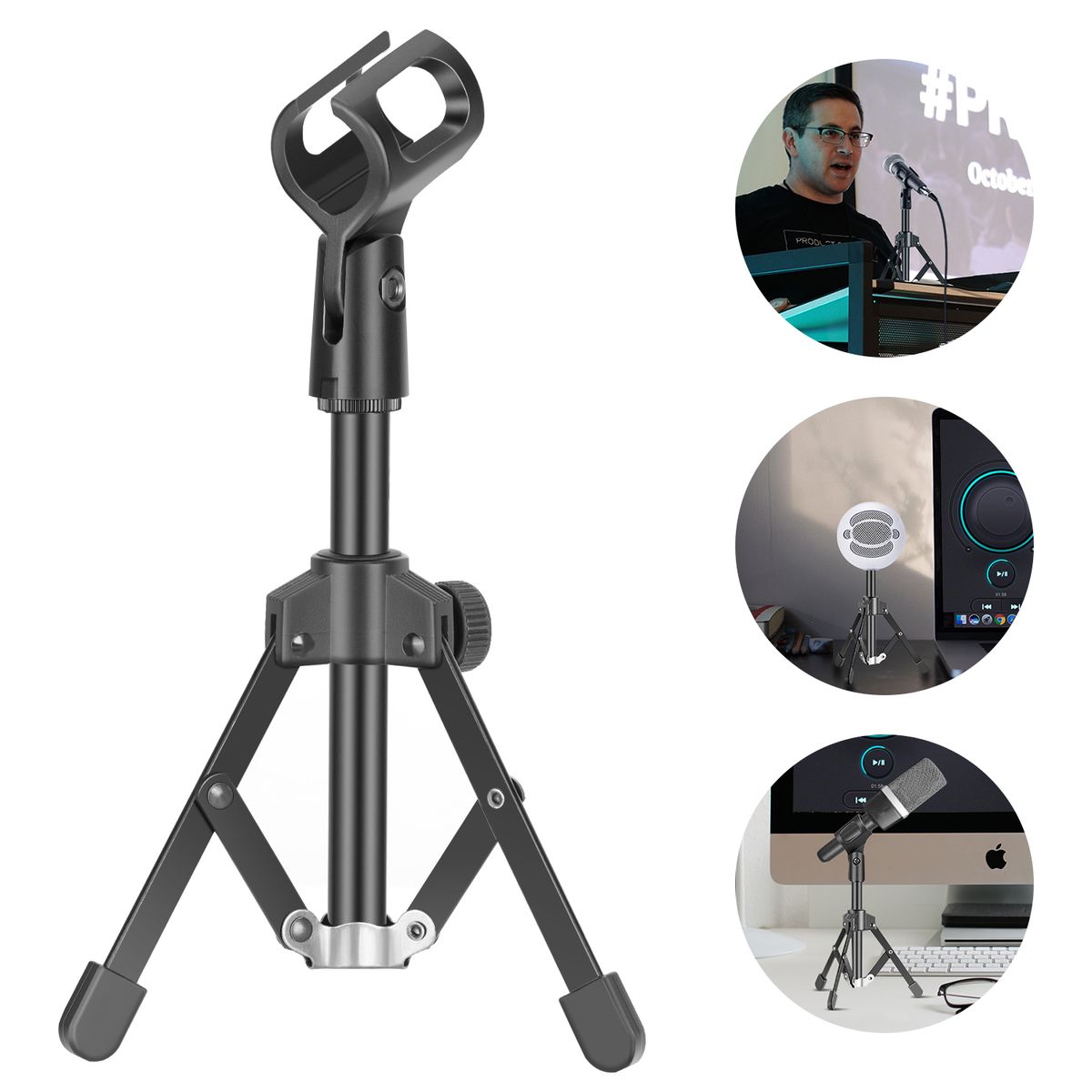 Mini Metal Foldable Desktop Tabletop Tripod Microphone Mic Stand With Mic Clip Holder, Durable Iron Construction, 3/8-inch And 5/8-inch Threaded Mount For Meetings Lectures Podcasts Etc