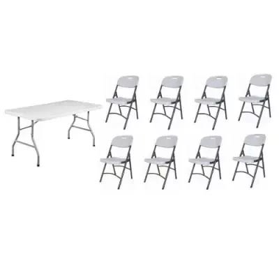 Plastic Table With 8 Foldable Metal Legs Chairs