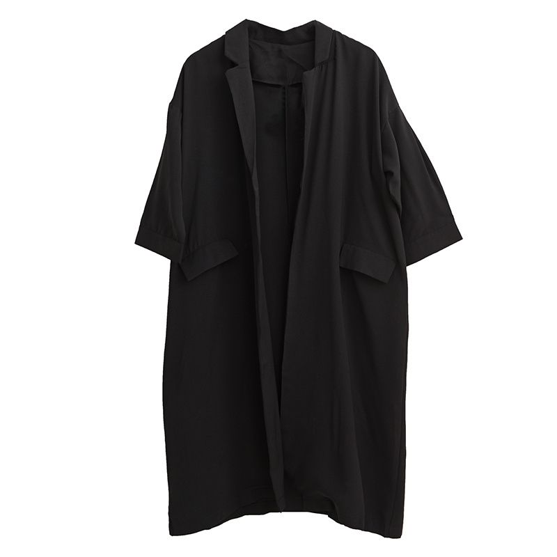 Women Pocket Black Long Big Size Trench New Lapel Long Sleeve Loose Fit