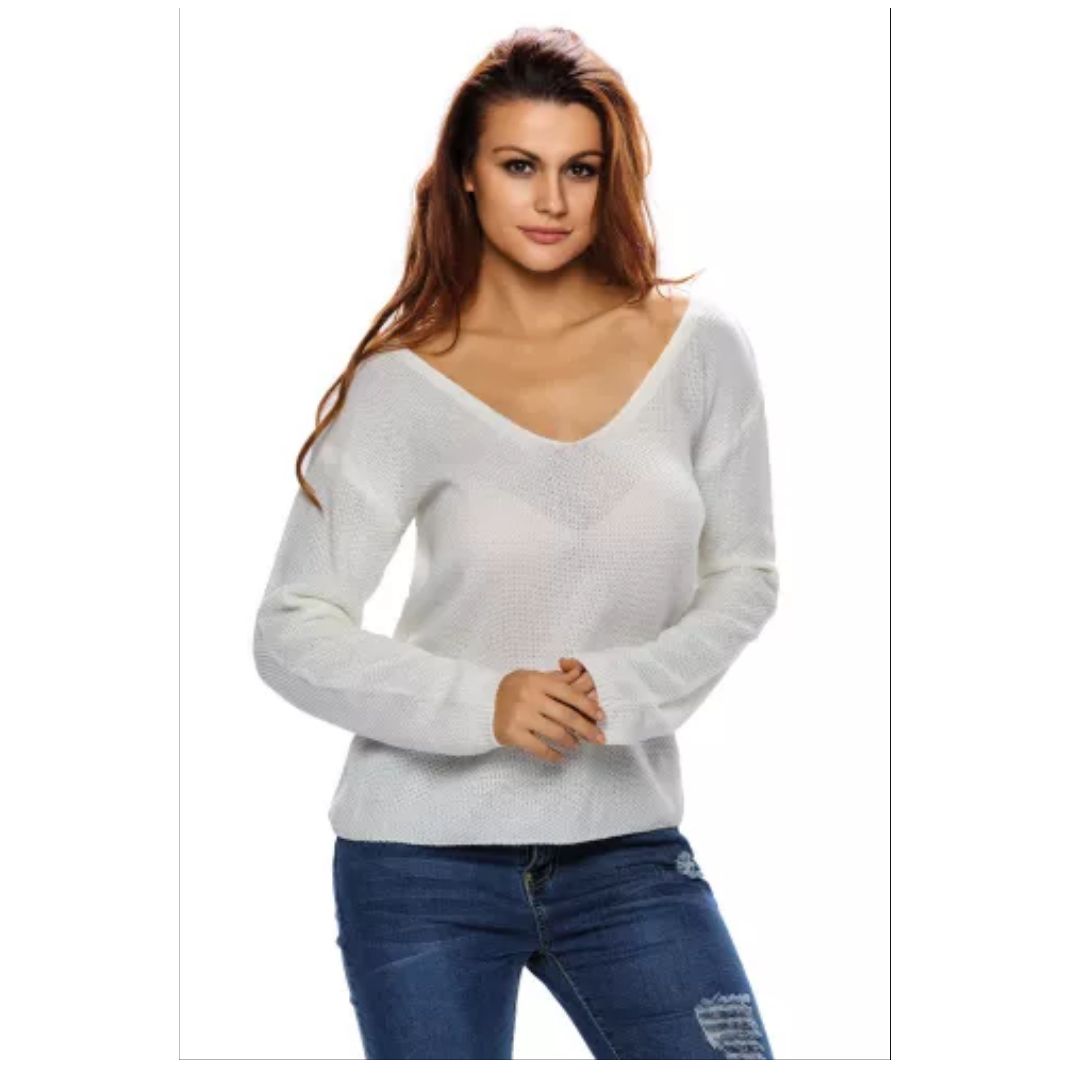 Mfed White Knitted Long Sleeve Plunge Jumper