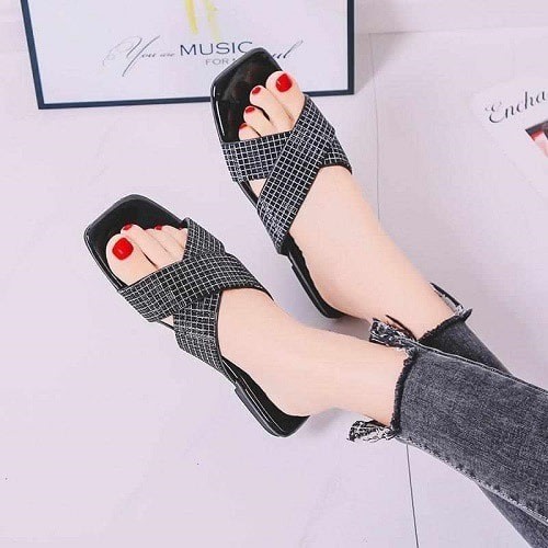 Ladies Cross Flat Slippers - Black
