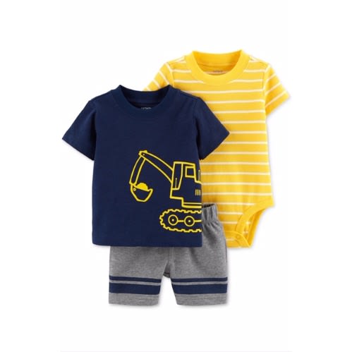 Baby Boy's 3 Piece Striped Yellow Bodysuit,  Digger-print T-shirt & Shorts Set