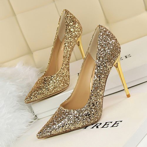 Ladies Pointed Dress Party Heels Sequins Pumps Gold Stiletto