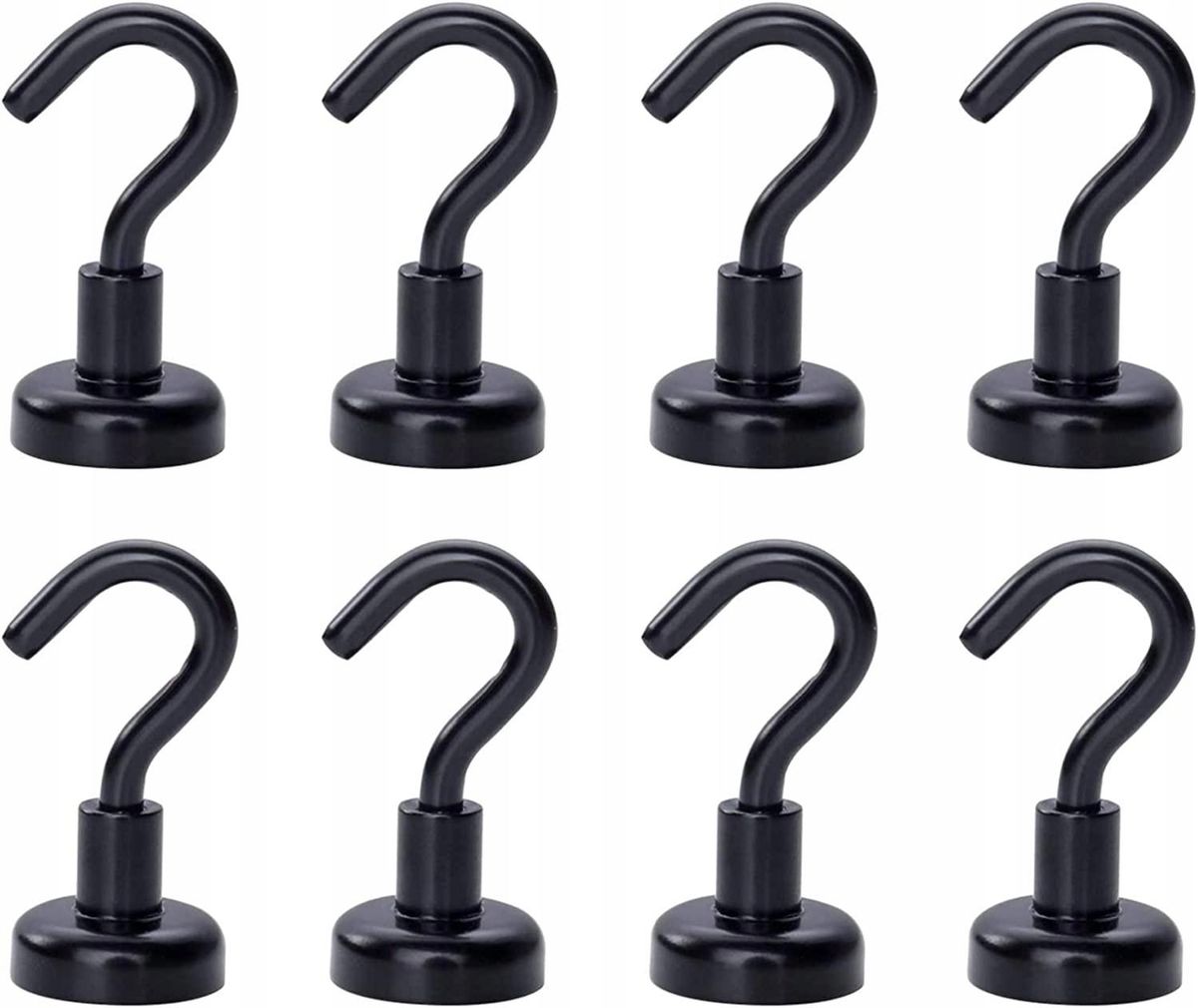 8pcs Black Magnetic Hooks 12Lbs Strong Hangers Heavy Duty Magnetic Hooks D16 Strong Holding Hooks