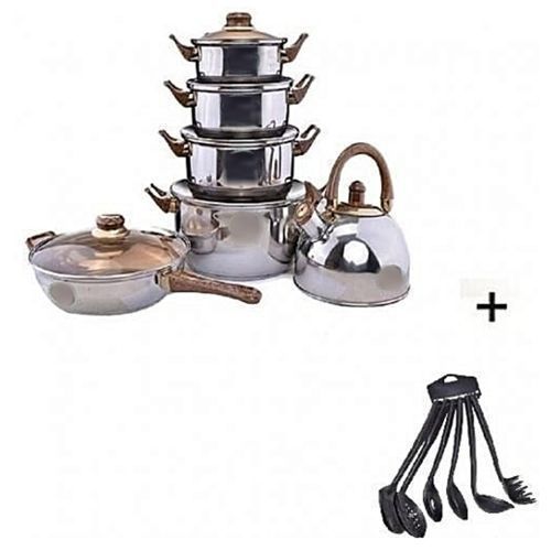 Set Of 6 Pot, Fry Pan And Kettle + Free 6 Pcs Spoons