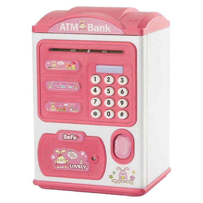 Electronic Fingerprint ATM Piggy Bank Auto Scroll Money Coin Safe Pink
