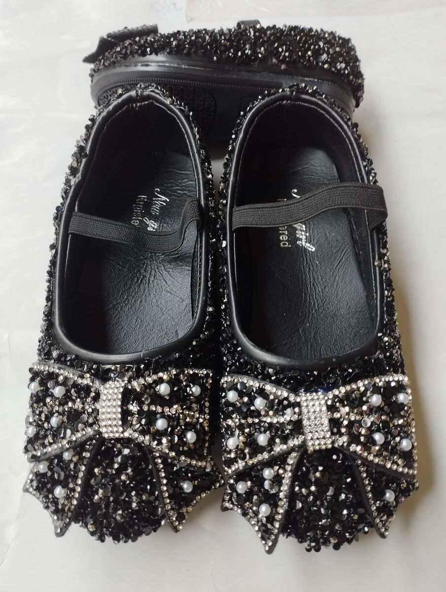 Girls Bow Shimmer Glitter Shinning Christmas Party Flat Shoe Birthday-Black